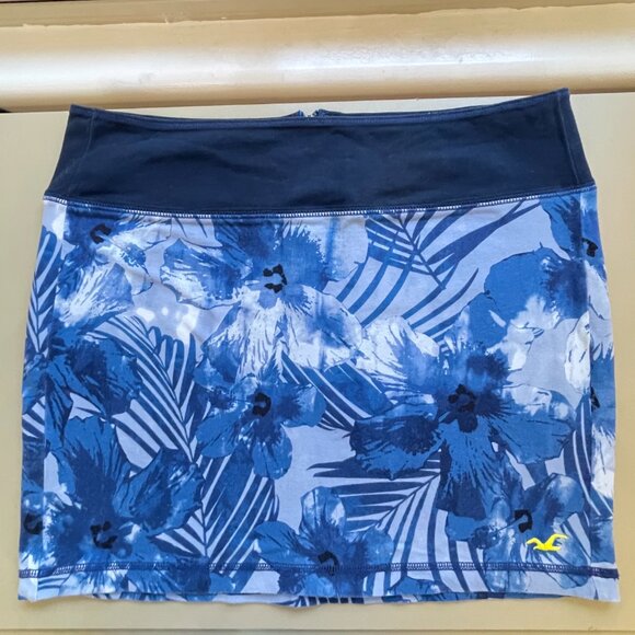 Hollister Skirt Large Blue Tropical Palm Leaf Hibiscus Floral Knit Back Zipper - Picture 1 of 7